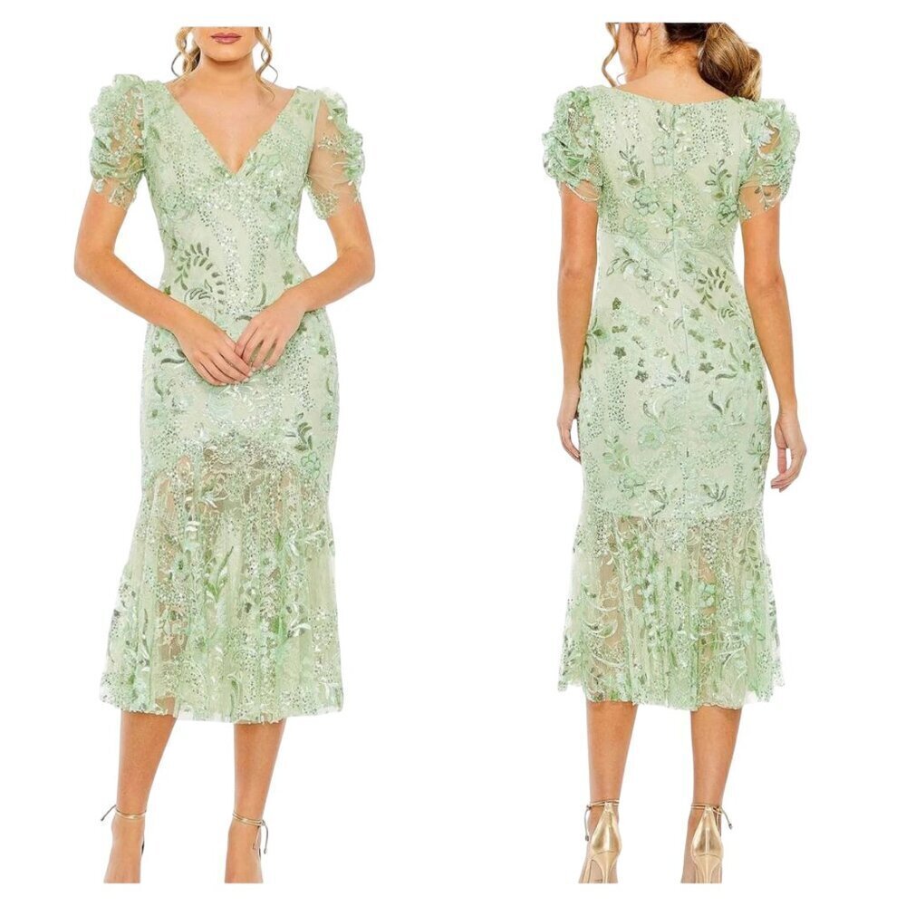 Mac Duggal 68266 Mint Beaded Lace Embroidered Midi Dress Size 4 NWT